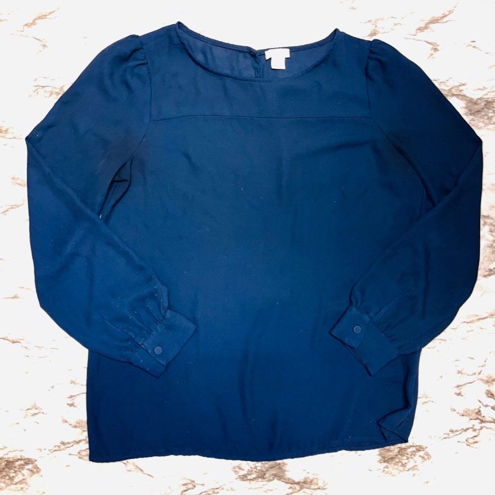 J. Crew Blouse Women Size XS Blue Long Sleeve Puff Sleeve Scoop Neck Preppy